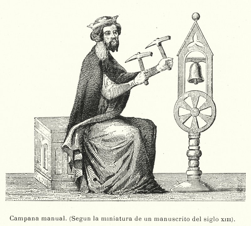 Mann som ringer en bjelle for hånd med hammere (litho) av European School