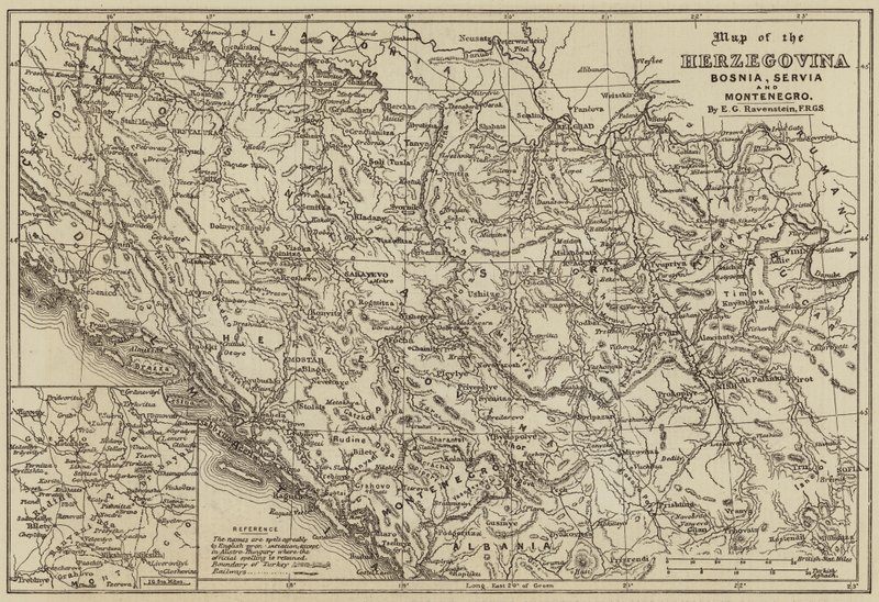 Kart over Hercegovina, Bosnia, Servia og Montenegro (gravering) av European School