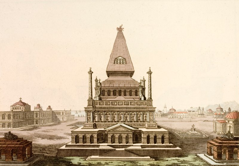 Mausoleum ved Halikarnassus, graven til den persiske satrapen Mausolus, et av de syv underverkene i den antikke verden (farget gravering) av European School
