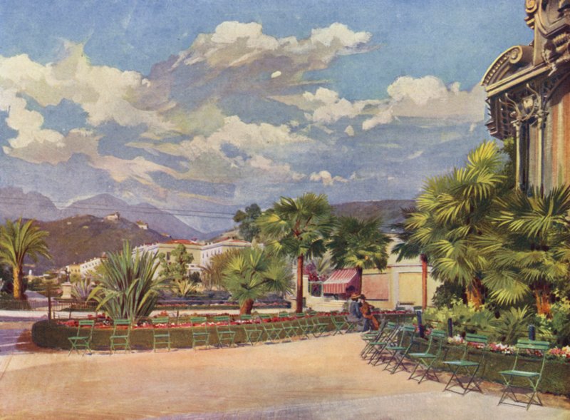 Menton, musikkiosken og den nye hagen (fargelitografi) av European School