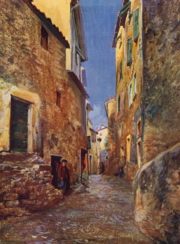 Menton, gate i gamlebyen (fargelitografi) av European School