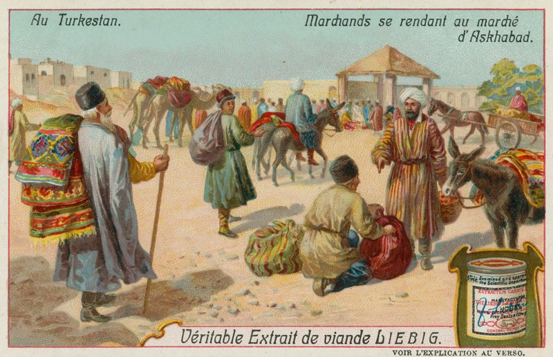 Kjøpmenn som drar til et marked i Ashgabat i Turkmenistan av European School