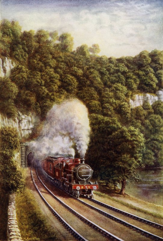 Midland Scotch ekspresstog på Midland Railway som reiser gjennom Yorkshire Dales (farge litho) av European School
