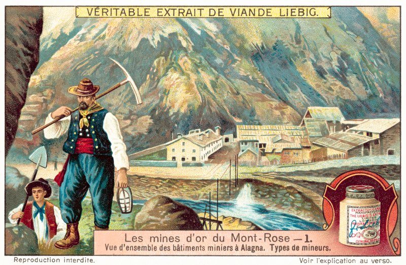 Gruvearbeidere og gruvebygninger ved Monte Rosa gullgruvene, Italia (chromolitho) av European School