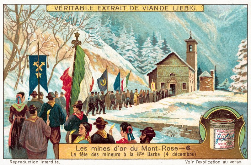 Gruvearbeidere i Monte Rosa-gullgruvene feirer festen til St Barbara, skytshelgen for gruvearbeidere (chromolitho) av European School