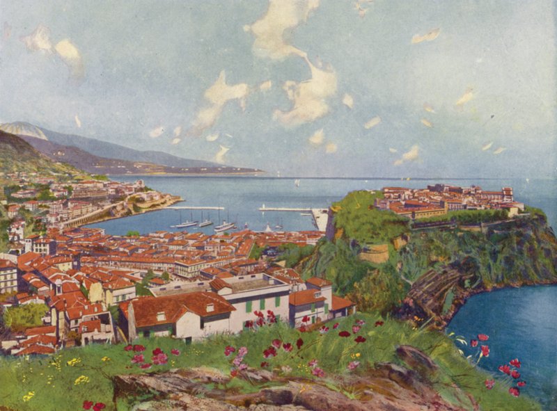 Monaco, klippen og utsikten generelt (fargelitografi) av European School