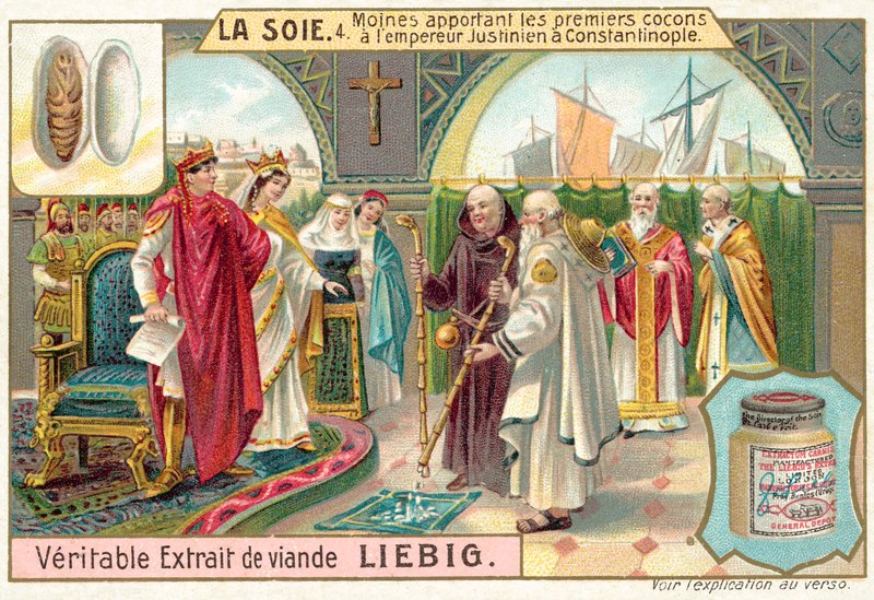 Munker bringer de første silkekokongene til keiser Justinian i Konstantinopel (chromolitho) av European School