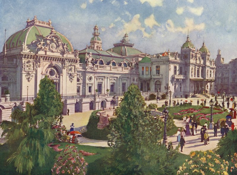Monte Carlo, kasinofasaden (fargelitografi) av European School