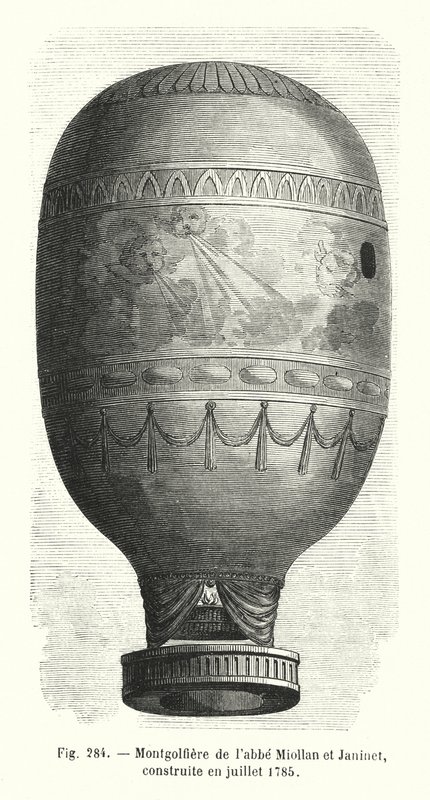 Montgolfiere av Abbe Miollan og Janinet, bygget i juli 1785 (gravering) av European School