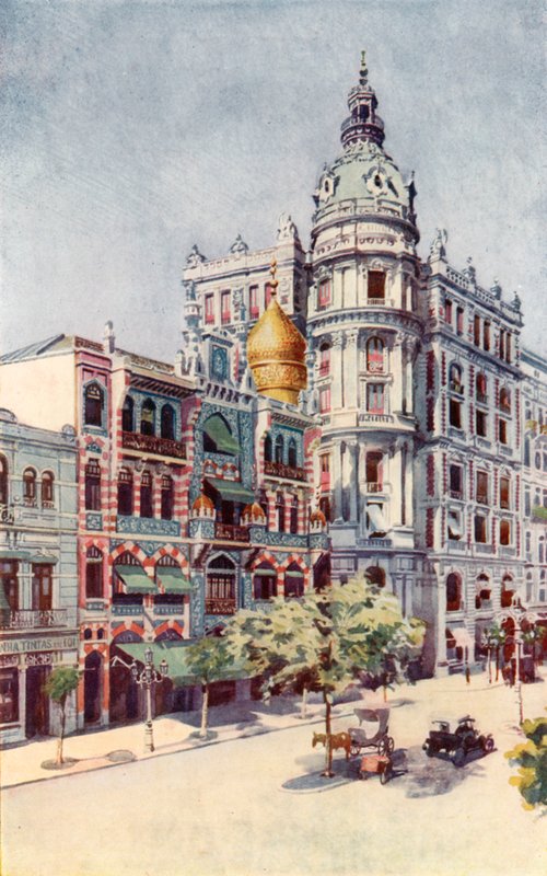 Den mauriske bygningen og herrene Guinles kontorer, Avenida Rio Branco (litho-farge) av European School