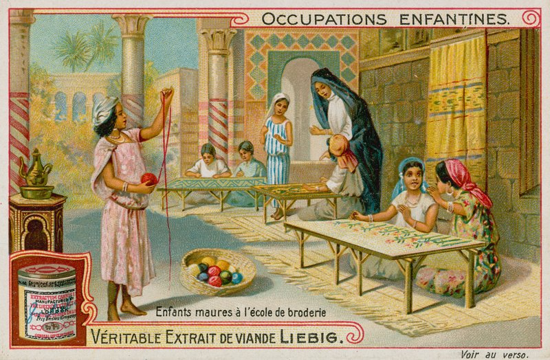 mauriske barn som jobber på en broderiskole (chromolitho) av European School
