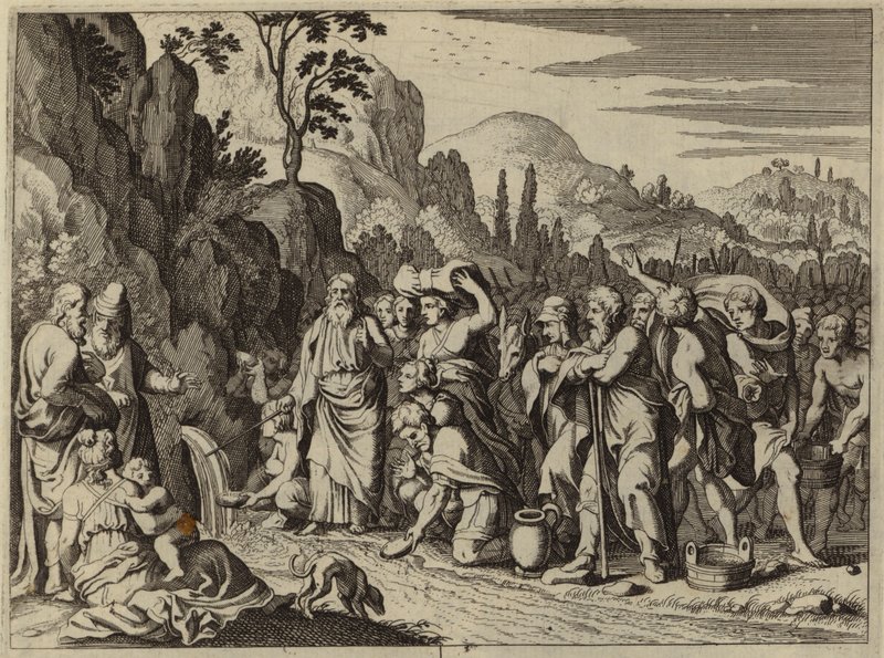 Moses slår fjellet med staven for å bringe vann frem (gravering) av European School