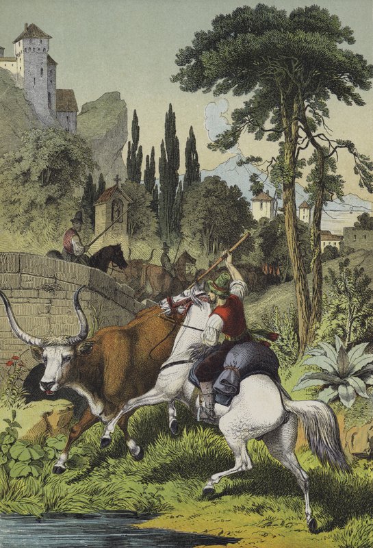 Ridende hyrder i Italia som forfølger en steppeokse i et landskap med villkastanje-, klyngefuru- og italiensk poppeltrær (farge litho) av European School