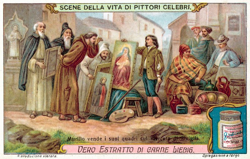 Murillo selger maleriene sine på markedet i Sevilla (chromolitho) av European School