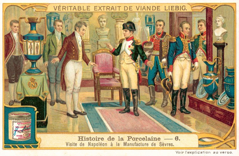 Napoleon I besøker porselensfabrikken i Sevres, Frankrike (chromolitho) av European School