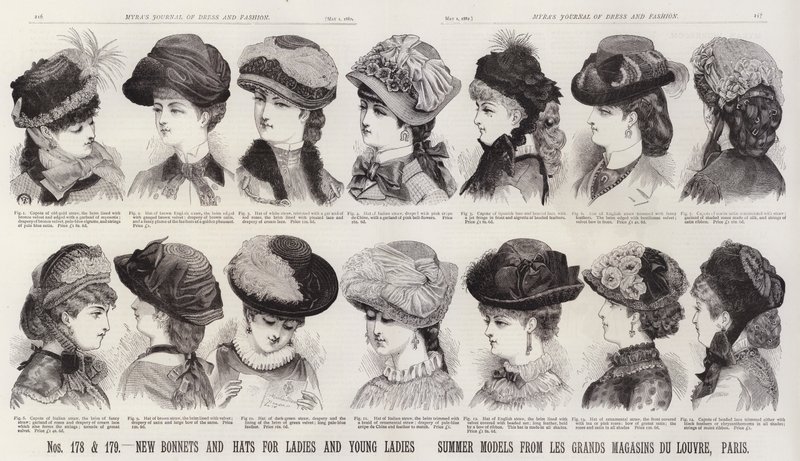 Nye panser og hatter for damer og unge damer; Sommermodeller fra Les Grands Magasins Du Louvre, Paris (gravering) av European School