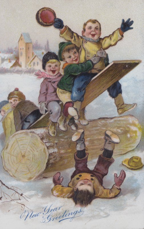 Nyttårshilsenkort som viser barn som leker i snøen (chromolitho) av European School