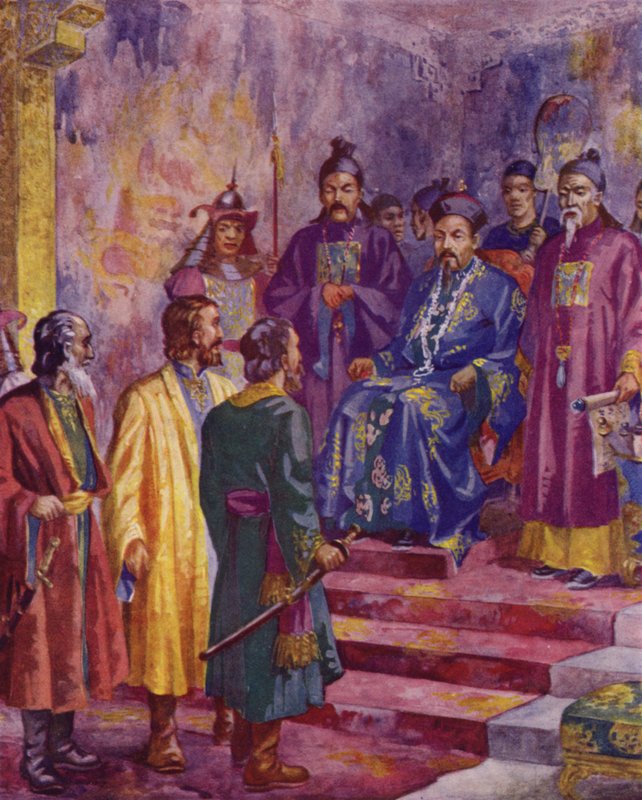 Niccolo, Maffaeo og Marco Polo møter Kublai Khan, 1900-tallet (fargelitografi) av European School
