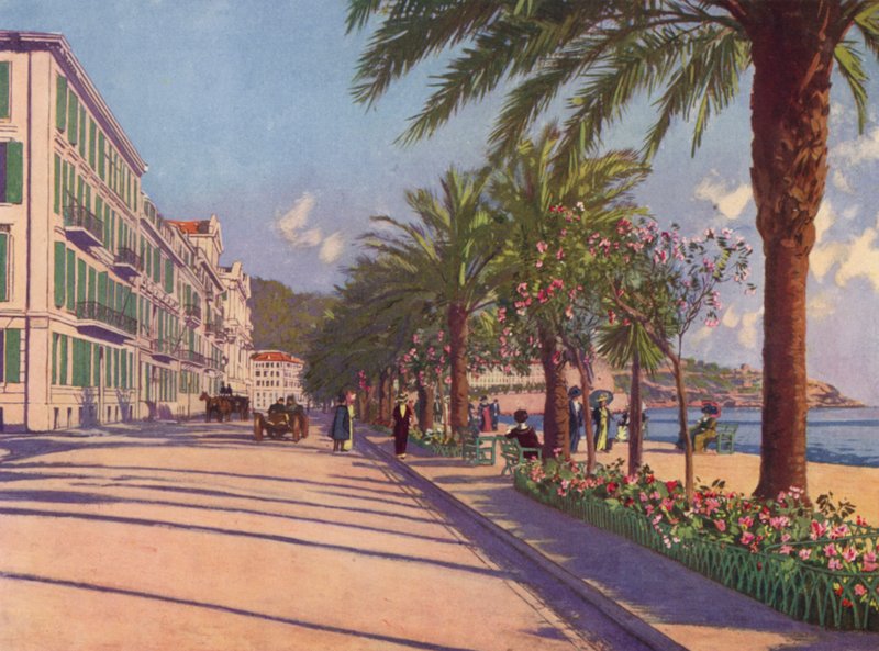 Nice, Promenade du Midi mot øst (fargelitografi) av European School