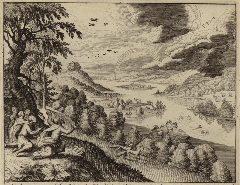 Noah ser på regnbuen, Guds tegn på at flommen ikke ville skje igjen (gravering) av European School