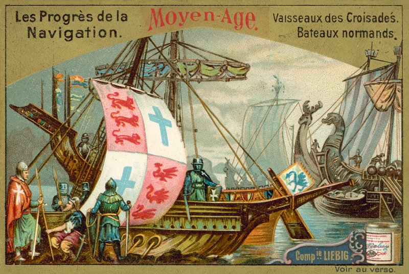 Norman- og korsfarerskip fra middelalderen (chromolitho) av European School