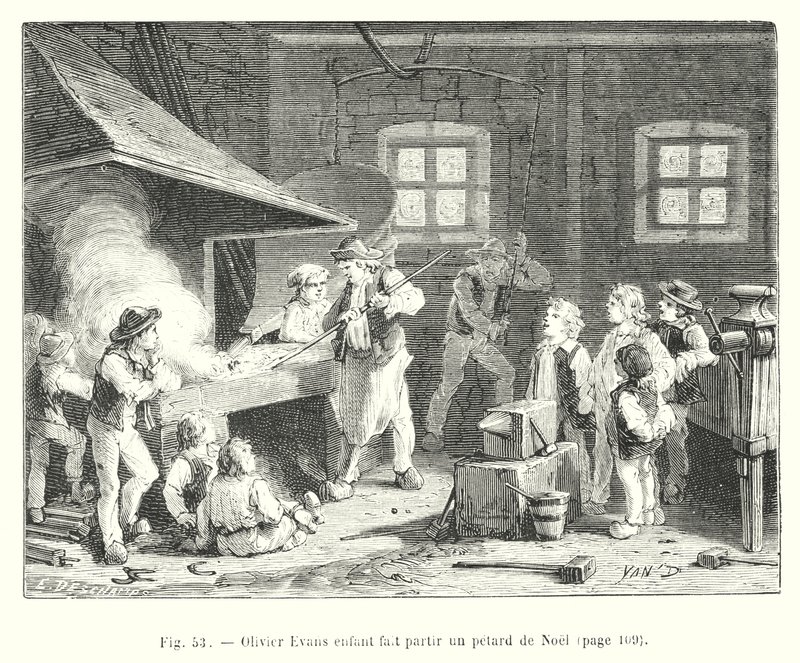 Olivier Evans som barn setter i gang et julebrann (gravering) av European School