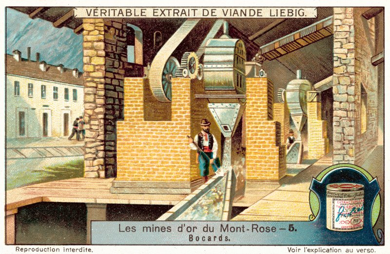 Malmmølle ved Monte Rosa gullgruvene, Italia (chromolitho) av European School