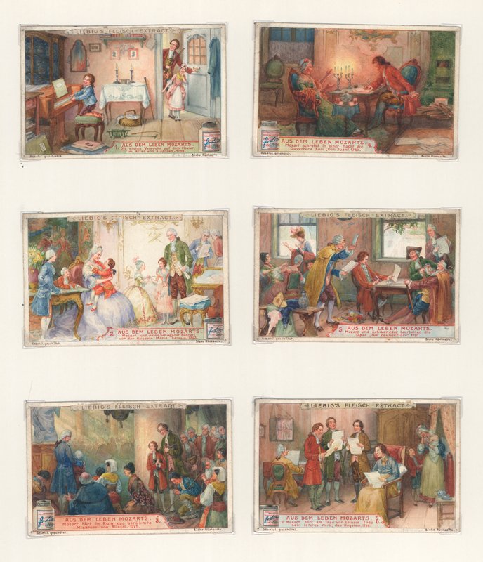 Originalt kunstverk for et sett med Liebig-kort: Life of Mozart (gouache på papir) av European School