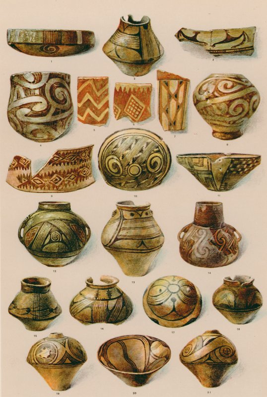 Ornament: Sør-Russland, Romania, Nord-Hellas, slutten av nysteinalderen til begynnelsen av bronsealderen (fargelitografi) av European School
