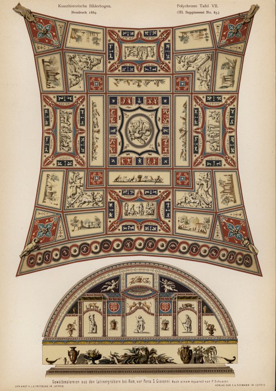 Malt hvelv av en romersk grav på Via Latina, Roma (farge litho) av European School