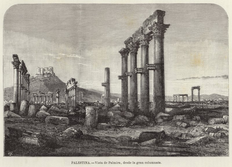 Palestina, utsikt over Palmyra, fra den store søylegangen av European School