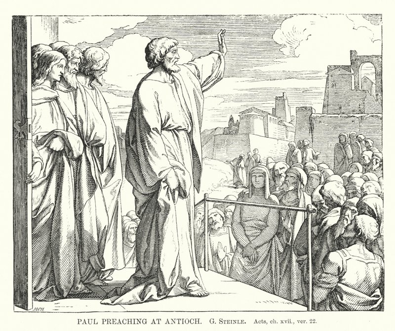 Paulus forkynner i Antiokia, Apostlenes gjerninger, kap xvii, ver 22 (gravering) av European School