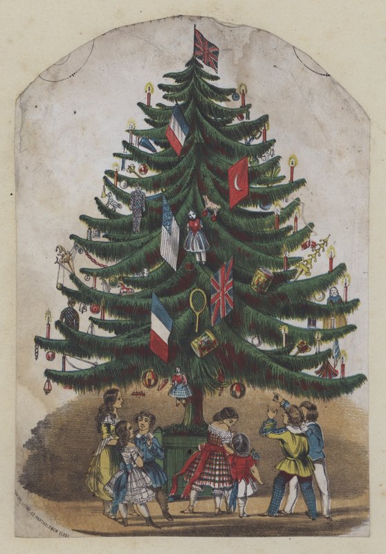 Folk under et juletre, gratulasjonskort (farge litho) av European School