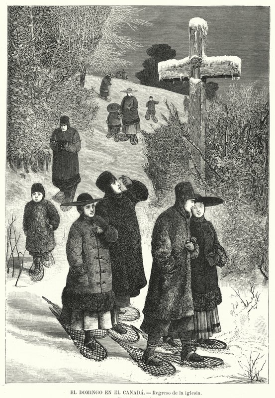 Folk med truger som returnerer fra kirken på søndag, Canada (litho) av European School