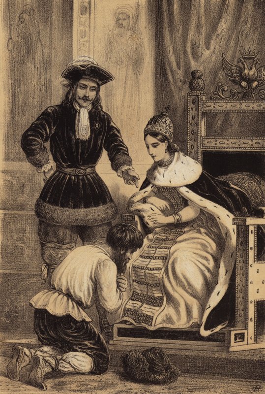 Peter den store av Russland beordret Karol Skowronski til å kysse kanten på skjørtet til søsteren hans, keiserinne Catherine I (litho) av European School