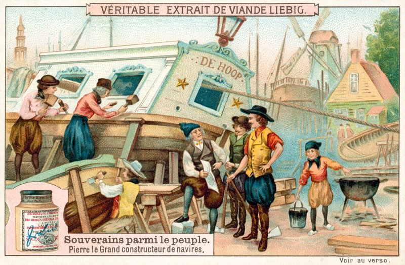 Peter den store jobber som skipsbygger i Nederland (chromolitho) av European School