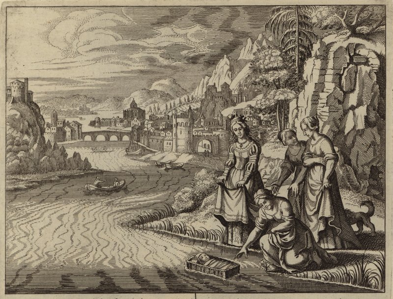 Faraos datter oppdager spedbarnet Moses som flyter på Nilen (gravering) av European School