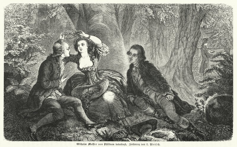 Philinen som kroner Wilhelm Meister med en krans: scene fra Johann Wolfgang Goethes roman Wilhelm Meisters Lehrjahre (gravering) av European School