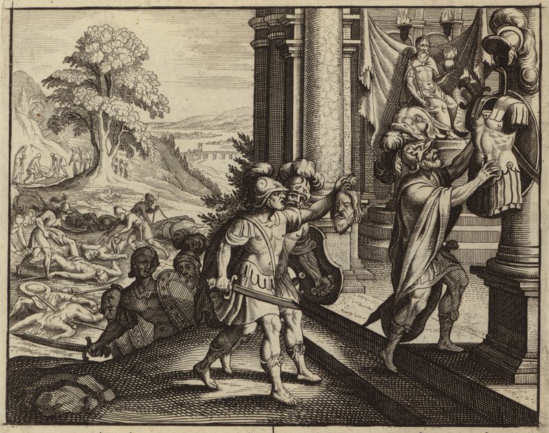 Filisterne setter hodet til Saul i tempelet til sin gud Dagon (gravering) av European School