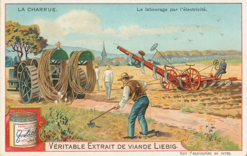 Pløying, med elektrisitet, Liebig-kort, tidlig på 1900-tallet (kromo) av European School