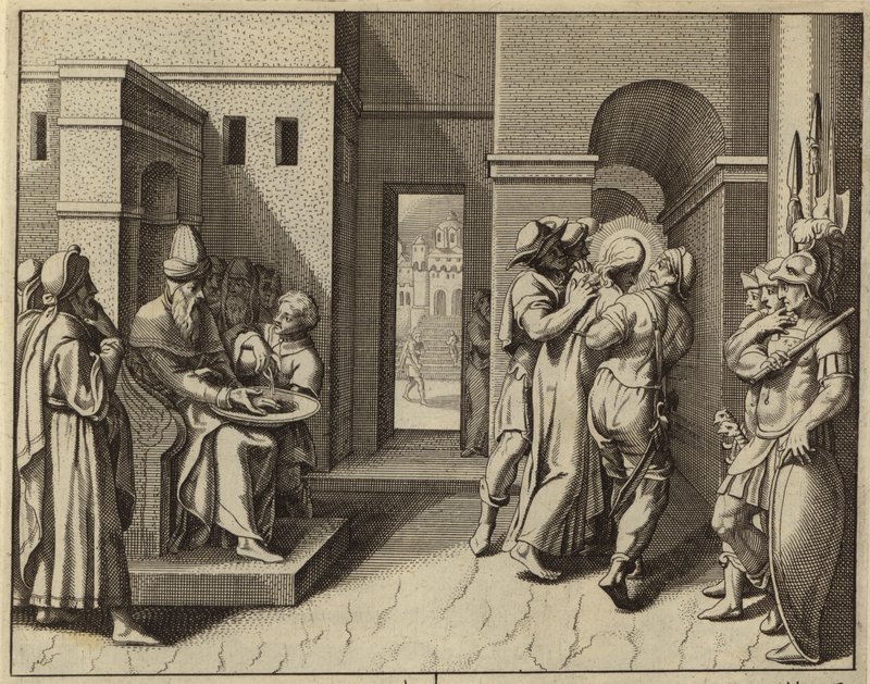 Pontius Pilatus vasker hendene etter at Jesus Kristus er dømt til døden (gravering) av European School