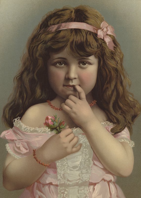 Portrett av en jente som holder en blomst (farge litho) av European School