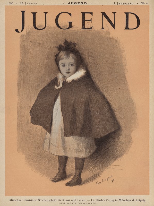 Portrett av en liten jente iført en kappe (farge litho) av European School