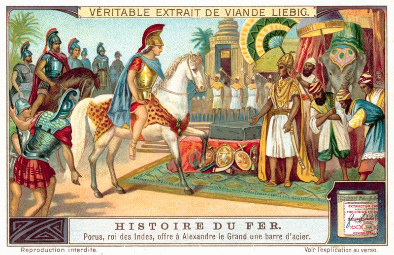 Porus, kongen av Pauravas, tilbyr Alexander den store en stålstang (chromolitho) av European School