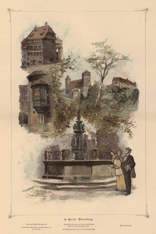 Fremtredende bygninger i Nürnberg, Tyskland (farget gravering) av European School