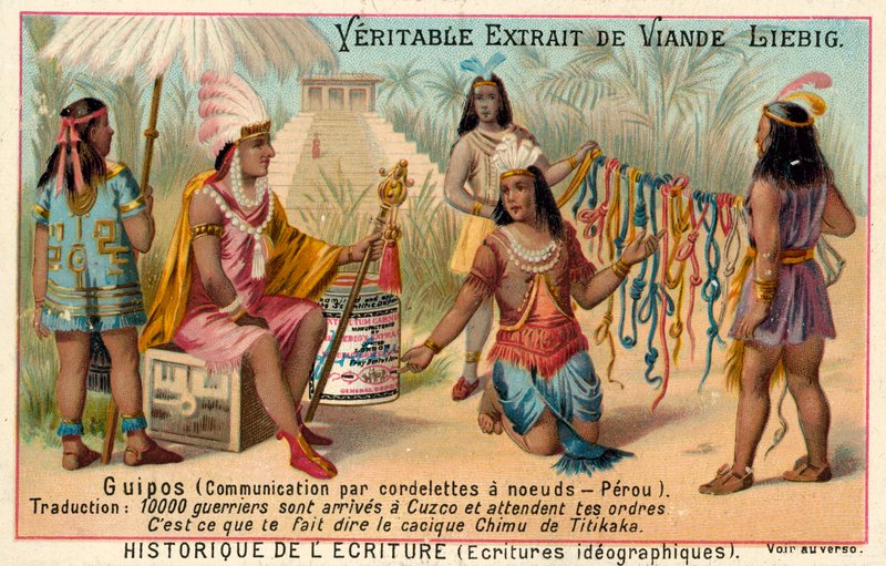 Quipus , system for kommunikasjon ved bruk av knyttede strenger, Peru (chromolitho) av European School