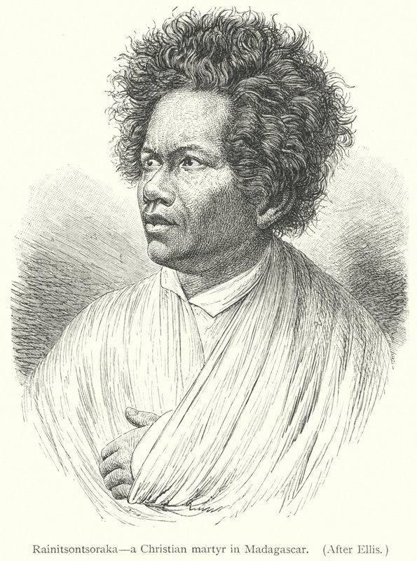 Rainitsontsoraka, en kristen martyr på Madagaskar (gravering) av European School
