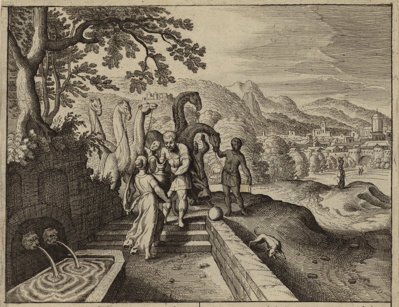 Rebecca giving water to Abraham