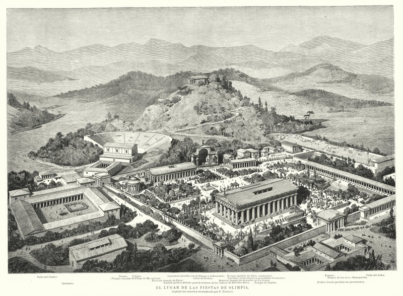 Rekonstruksjon av det gamle Olympia, Hellas (litho) av European School