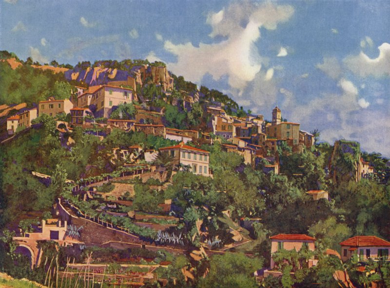 Roquebrune, generelt bilde (fargelitografi) av European School
